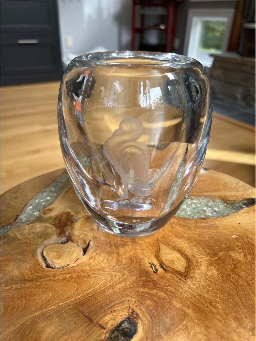 Clear Glass Vase with Etched Bird Design